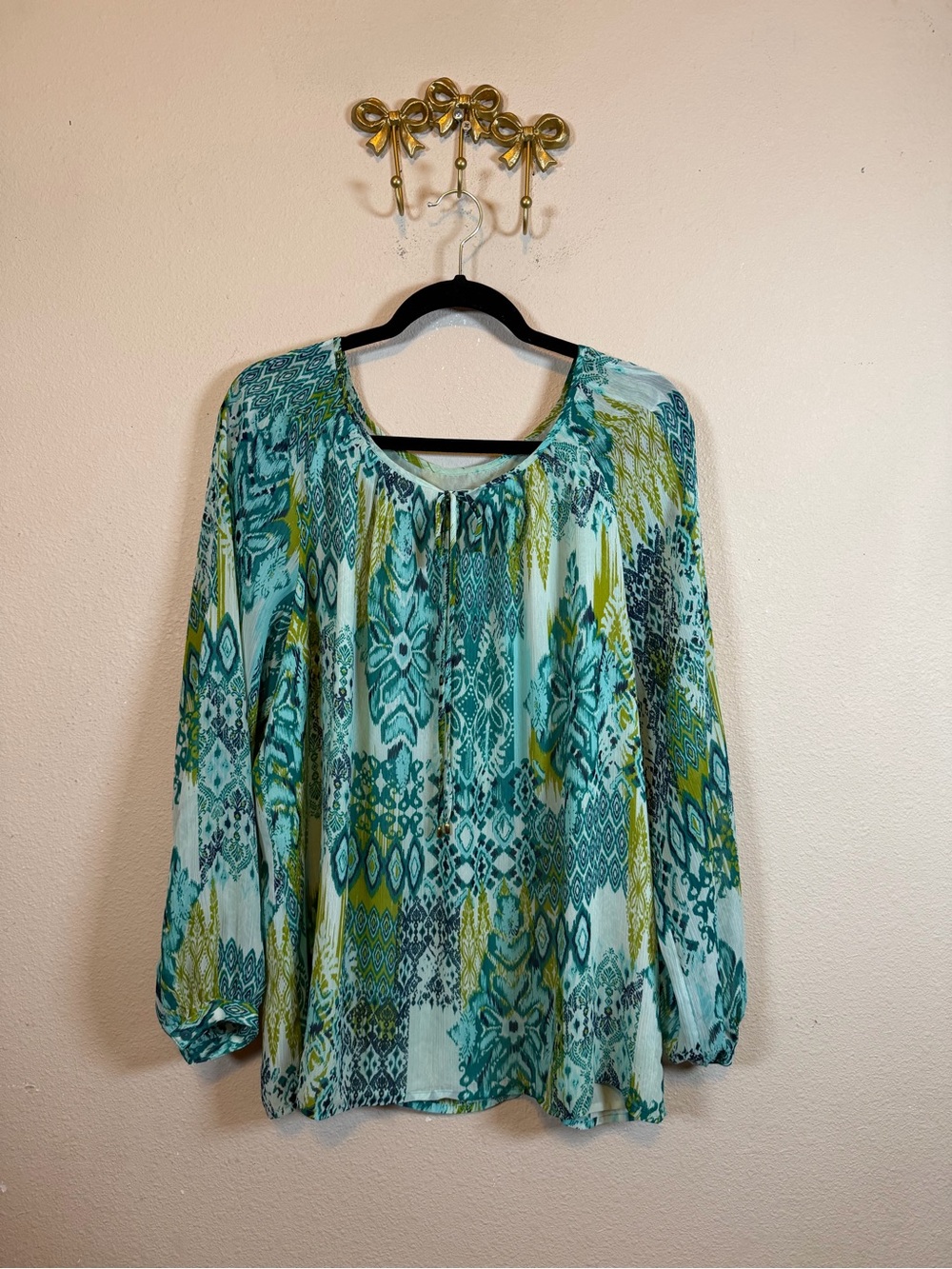 Jones New York Teal & Chartres Multi Bohemian Long Sleeve Blouse. Size XL